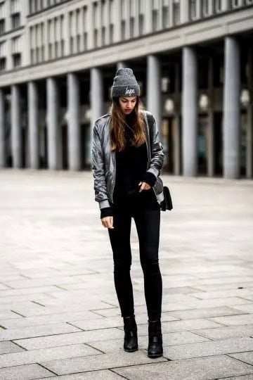 Grey Velvet Bomber Jacket with Black Super Skinny Jeans