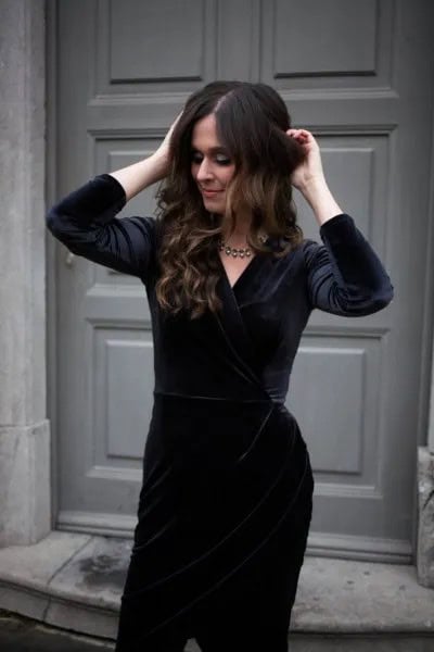 Black Velvet Knee Length Dress with Silver Statement Necklace