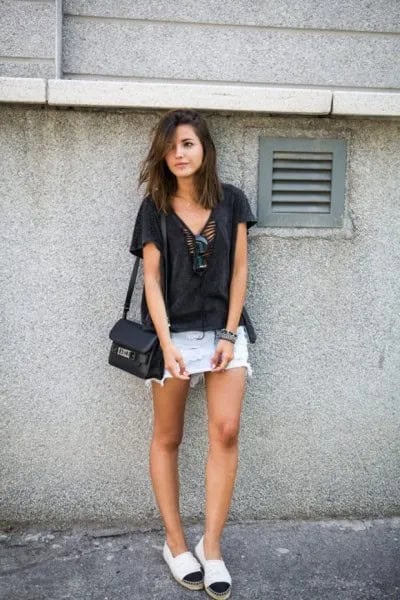 Black V Neck T Shirt with Denim Mini Skirt