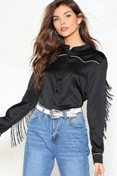 Black Silk Fringe Button Up Shirt with Mom Jeans