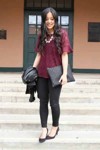 Black Lace Blouse with Skinny Jeans & Ballet Heels