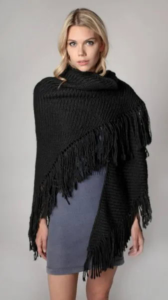 Black Ribbed Fringe Shawl with Grey Mini Shift Dress