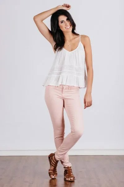 White Deep V Neck Lace Top with Pink Skinny Jeans