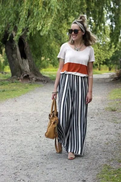 White and Red Color Block Top with Striped Wide Leg Pants