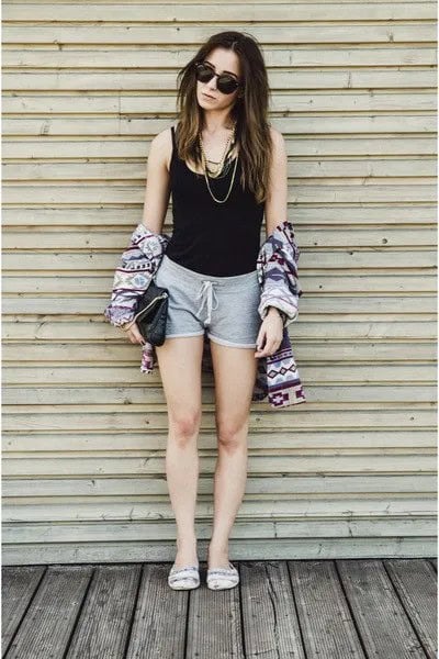 Black Tank Top with Tribal Print Cardigan & Grey Cotton Mini Shorts