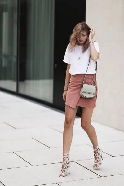 White T Shirt with Crepe Wrap Mini Dress & Blush Pink Cutout Heels