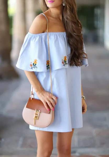 Light Blue Floral Embroidered Shift Dress with Pink Purse