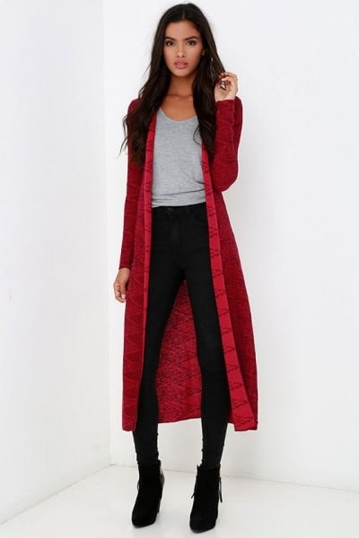 Red Midi Cardigan with Grey Scoop Neck Tee & Black Skinny Jeans