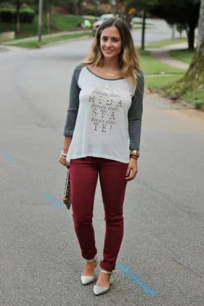 Printed Long Sleeve Tee with Burgundy Skinny Pants