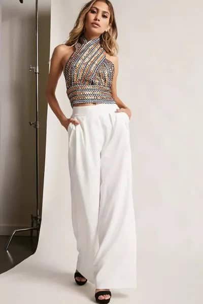 Silver and Gold Patterned Sequin Halter Top with White Wide Leg Pants