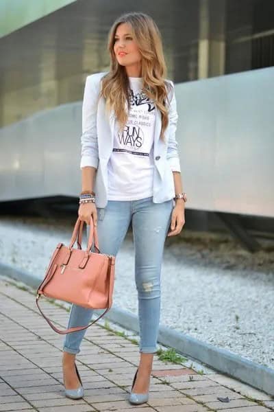 Light Blue Blazer with White Print Tee & Cuffed Skinny Jeans