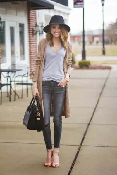 Blush Pink Sweater with Grey Skinny Jeans