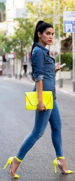 Yellow Ankle Strap Heels with Matching Leather Clutch Bag