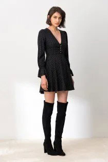 Black Puff Sleeve Skater Mini Dress with Thigh High Boots