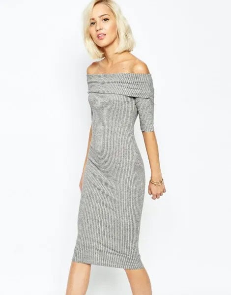 Grey Ribbed Folded Shoulder Midi Bodycon Dress