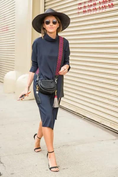 Mock Neck Blue Sweater Dress with Navy Heeled Sandals