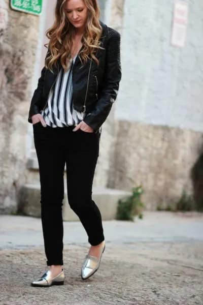 Black Casual Blazer with Vertical Striped Chiffon Blouse & Metallic Loafers