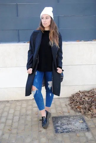 Black Wool Coat with Blue Ripped Slim Fit Jeans & Leather Platform Loafers