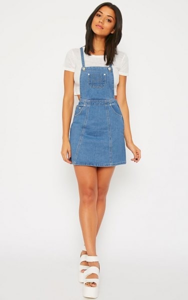 White Cropped T Shirt with Light Blue Denim Pinafore Dress