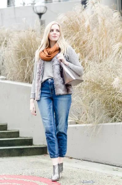 Grey Cardigan with Green Scarf & Cropped Blue Jeans