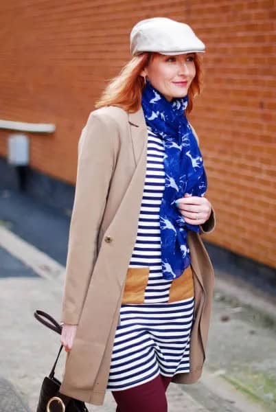 White Cap with Navy and White Striped T Shirt Dress