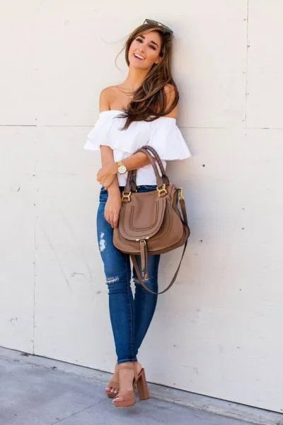 White Off Shoulder Top with Ripped Jeans