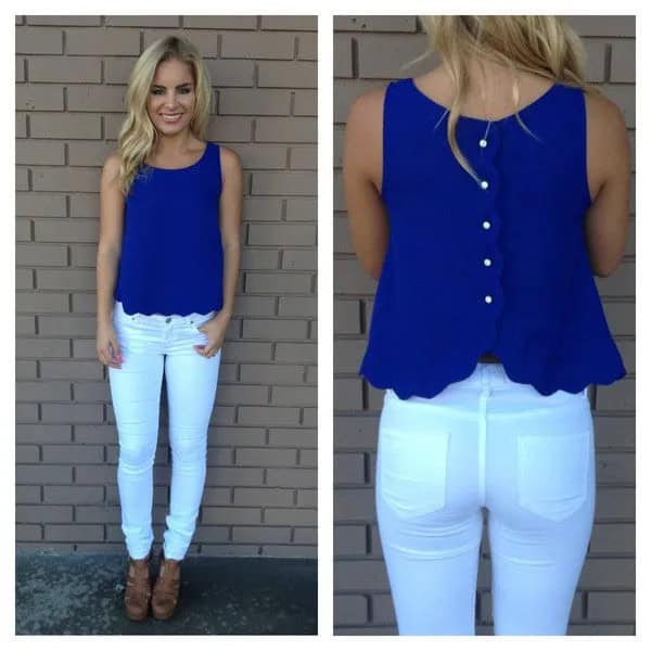 Blue Button Up Back Scalloped Hem Sleeveless Shirt