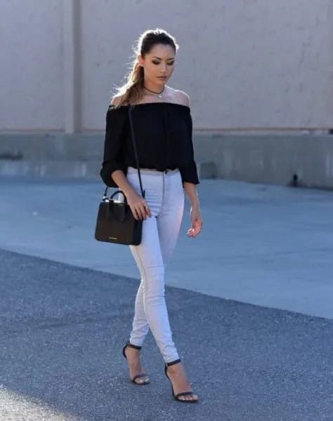 Black Off The Shoulder Cropped Blouse with White Skinny High Waisted Jeans