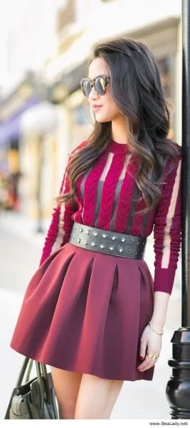 Purple Semi-Sheer Mini Pleated Dress with Wide Black Studded Belt