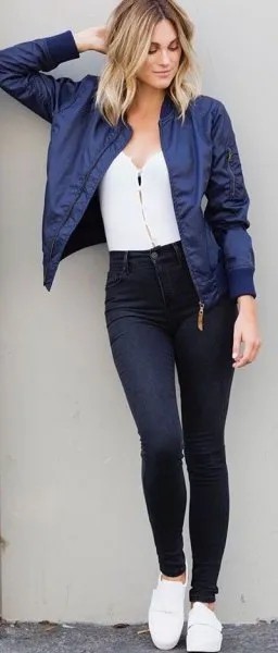 Navy Blue Cropped Bomber Jacket with White Sweetheart Top