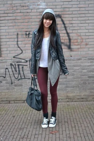 White Tee with Grey Hooded Cardigan &  Black Leather Jacket