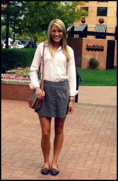 White Button Up Shirt with Grey Elastic Waist Mini Casual Skirt