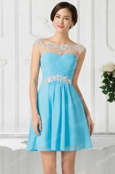 Blue Sweetheart Neckline Dress with White Sheer Overlay