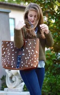 Deer Print Polka Dot Like Brown Purse with Cable Knit Sweater