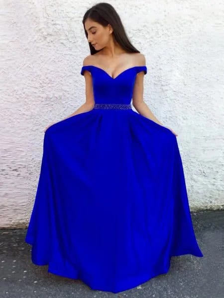 Royal Blue Sweetheart Neckline Belted Maxi Flowy Dress