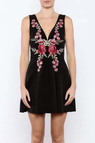 Black Deep V Neck Rose Embroidered Mini Flared Dress