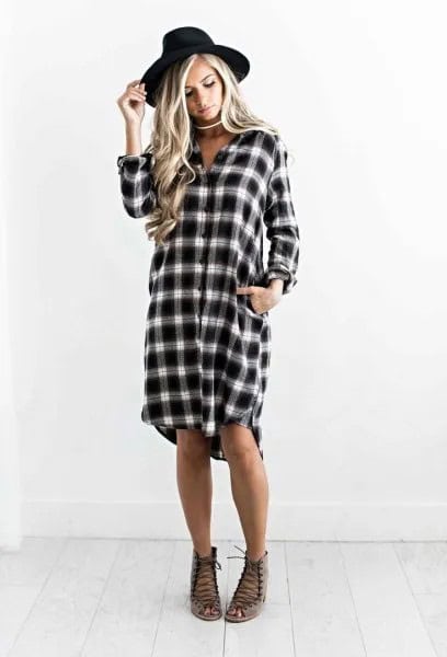 Checkered Boyfriend Shirt Dress with Black Felt Hat