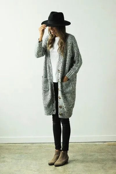 Long Knit Sweater Cardigan with Leather Leggings