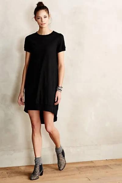 Black Tunic Dress with Grey Socks & Boots