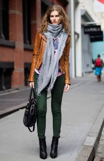 Brown Leather Jacket & Green Skinny Jeans