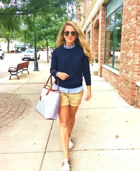 Pale Orange Khaki Shorts with Navy Knit Sweater