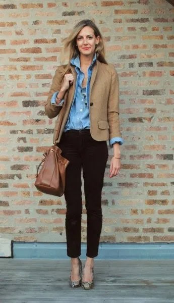 Tan Three-Quarter Sleeve Blazer with Light Blue Chambray Shirt