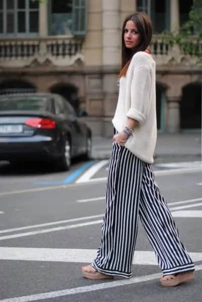 White Relaxed Fit Knit Sweater with Striped Pants