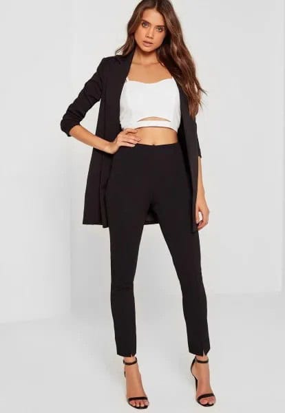 Black Longline Blazer with Cropped White Chiffon Blouse & Open Toe Heels