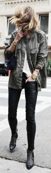 Grey Military Jacket with Black Leather Leggings & Studded Booties