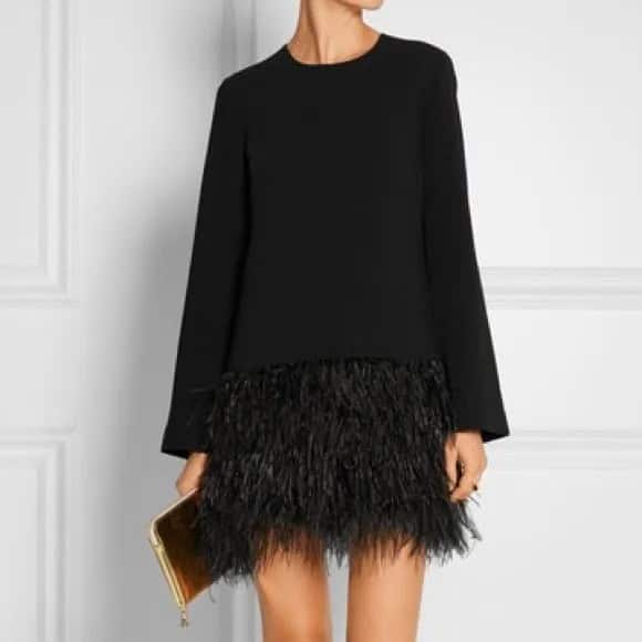 Two-Toned Black Long Sleeve Feather Dress with Gold Clutch Bag