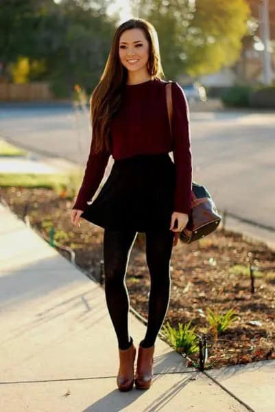 Black Fitted Sweater with Skater Mini Skirt & Brown Leather Ankle Boots