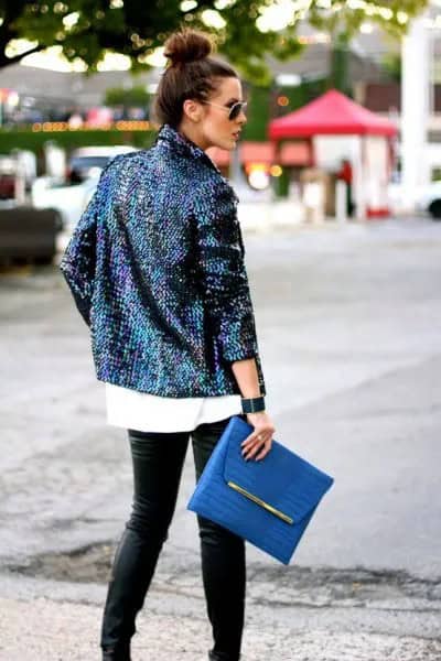 Black Sequin Blazer with White Blouse & Black Leather Pants