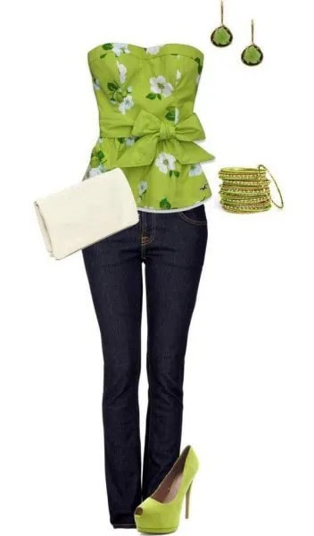 Lime Green and White Floral Knotted Tube Top with Dark Skinny Jeans