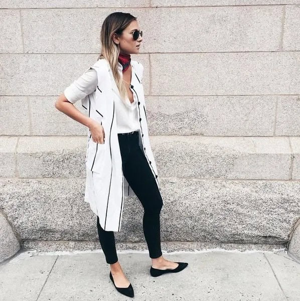 White Longline Vest with Low Cut Blouse & Black Pointed Flats